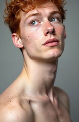 Close-up studio portrait of handsome young red-haired man posing over grey background. Thoughtful shirtless look with freckles. Attractive caucasian model demonstrates clean healthy skin. Youth,