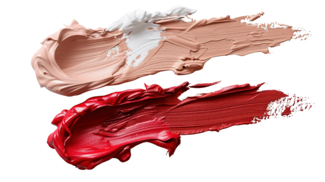 Creamy swatches of cosmetic foundation and lipstick showing diverse shades on a clean surface for beauty industry representation