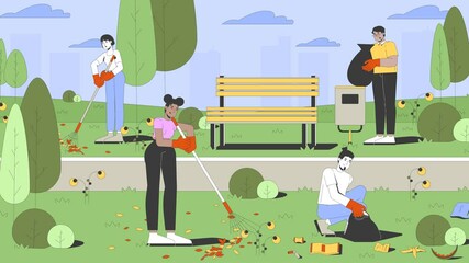 Public park cleanup volunteers 2D cartoon animation. Community service. Removal litter. Diverse people picking up trash, raking leaves animated flat characters 4K video background scene storytelling