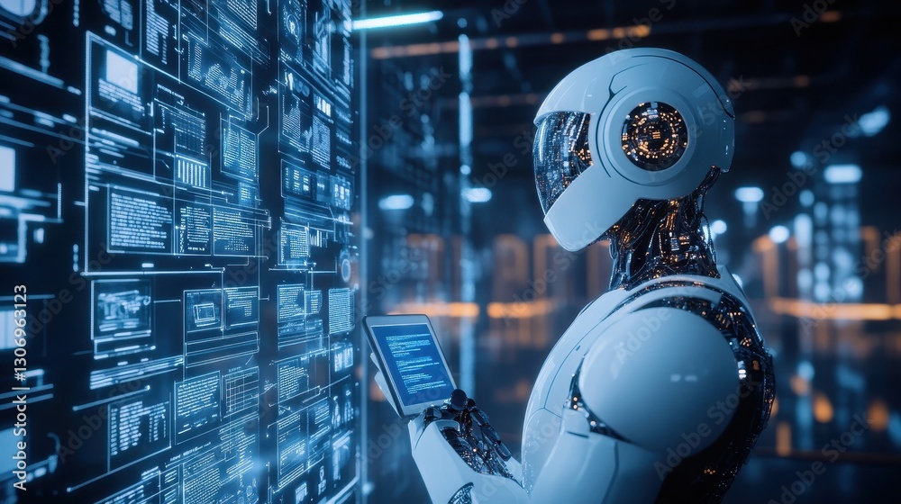 Poster futuristic robot analyzing data on touchscreen interface in high-tech digital environment