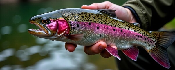 Rainbow trout caught, vibrant colors, released gently , outdoors, catch and release, stock photo