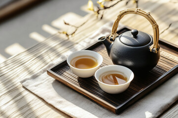 Tea ceremony with teapot and cups on a wooden tray.