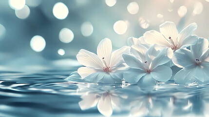 White Flowers Reflecting in Blue Water Waves
