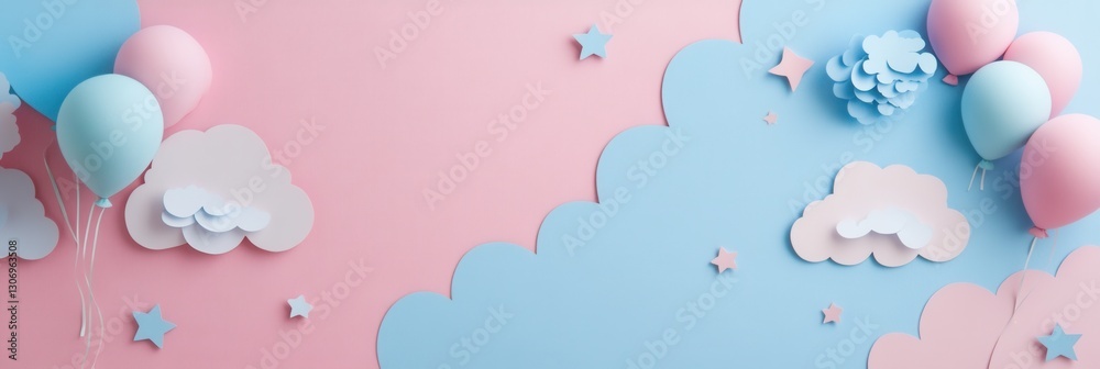 Poster Charming whimsical paper art background with pastel clouds, balloons, and stars in a playful layout inviting text Generative AI