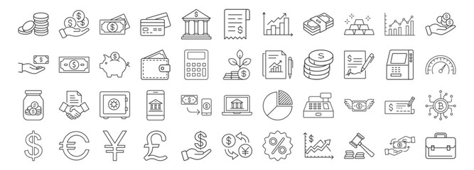 Finance line icon set. Vector pictograms of money, wallet, banking tools, currency symbols, investment chart, financial services, piggy bank, dollar thin linear illustration.