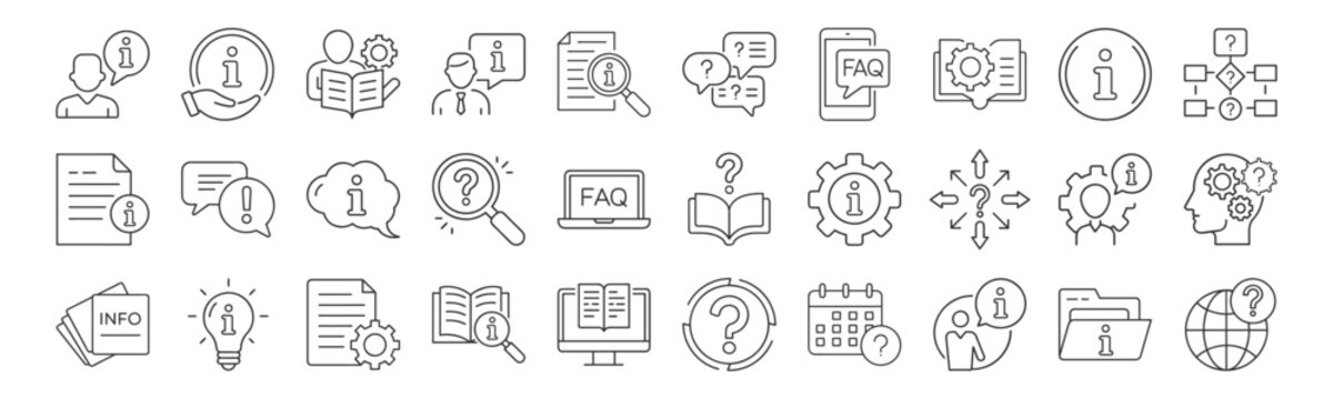 Information Knowledge Sharing line icon set. Vector pictograms of info, FAQ, manual, search, guidance, instruction thin linear illustration.