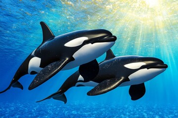 Naklejka premium A pod of orcas swimming gracefully through icy Arctic waters