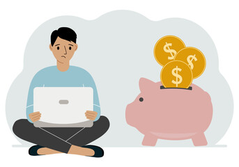 A man sits cross-legged with a laptop next to a pig piggy bank. Earning money, saving, saving money. Vector flat illustration
