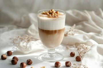 Hazelnut Latte in Glass with Milk Foam and Light Background