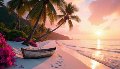 A serene tropical beach at sunset, with a boat on the sand and palm trees silhouetted against the sky.
