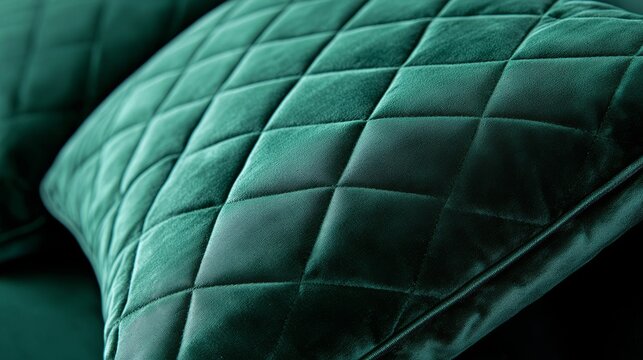 A luxurious upholstered cushion with a deep diamond pattern, soft velvet fabric, rich emerald green, ultra-detailed, high definition.