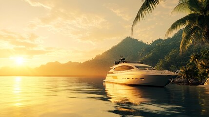 A luxurious yacht anchored in a tranquil bay at sunset, golden light reflecting on the calm ocean, lush green hills in the background, ultra-realistic, 4K.