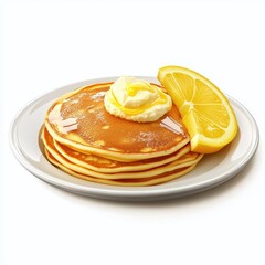 Realistic 3D Icon Cartoon of a Plate of Light Lemon Ricotta Pancakes isolated on clear white background