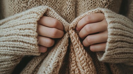 Pair of hands holding a beige knitted scarf. the hands are positioned in a way that they are holding the scarf with both hands.