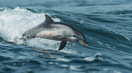 Fototapeta premium A dolphin leaping gracefully out of the ocean water waves