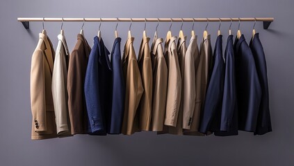 Neutral-toned blazers hanging on a rack against a purple wall.