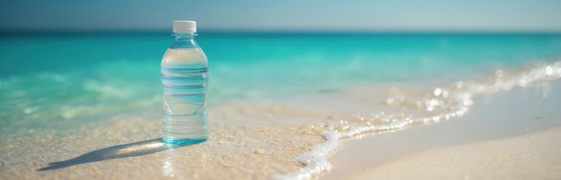 Plastic bottle floats ocean water. Marine pollution awareness photo. Plastic waste impacts ecosystem. Environmental problem. Recycle program required. Clean ocean coast, protect wildlife, reduce