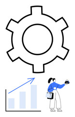 Large gear cogwheel, upward bar chart, and a woman holding a globe represent teamwork, growth, innovation, progress, global vision, problem-solving and leadership. Ideal for flat simple metaphor