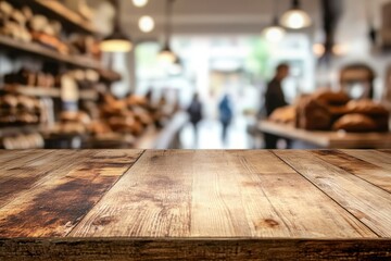 Wooden Table Surface with Blurred Bakery Background for Product Display
