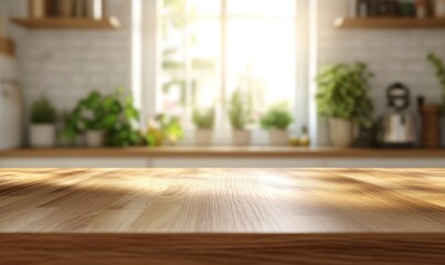 Fototapeta premium Empty Wooden Kitchen Countertop with Blurred Background of Window and Plants