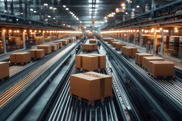 Cardboard boxes containing goods are moving on automated conveyor belts in a large distribution warehouse, representing efficient logistics and supply chain management