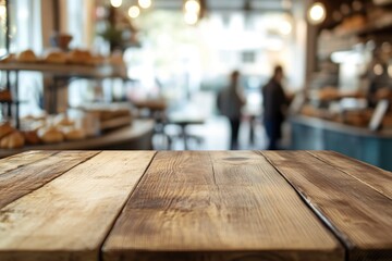 Wooden Table Top in Cafe Blurred Background for Product Display