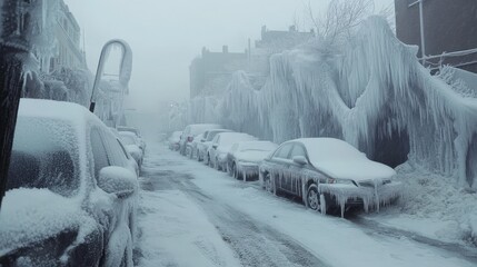 Obraz premium A massive ice storm sweeping over a city, frozen cars, snow piling up