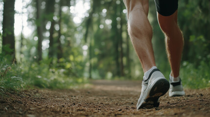 Runner massaging a cramped leg on a forest trail