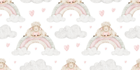 Sheep in love sitting on rainbow, hearts. Watercolor nursery seamless surface pattern design of cute lamb. lovely print for Valentine's day, wrapping paper, textile, linen, baby shower, anniversary