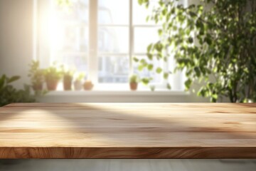 Wooden Tabletop in Bright Indoor Setting with Window and Greenery
