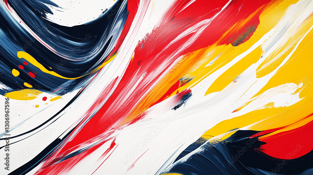 Poster abstract painting with red, yellow, white, and blue brushstrokes creating dynamic movement and energ