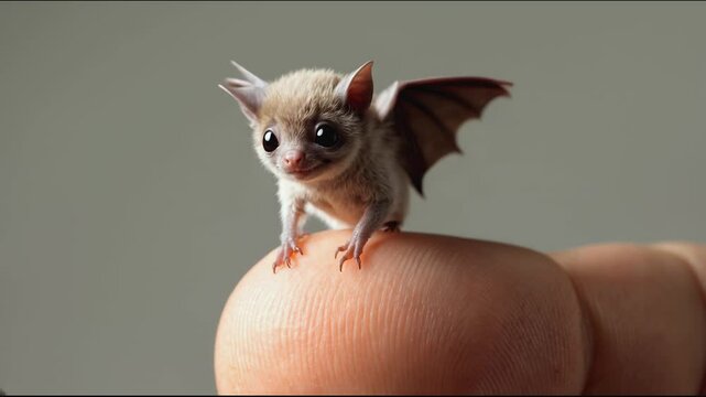 Cute tiny bat perched on human finger showcasing its adorable features in a close-up shot indoors