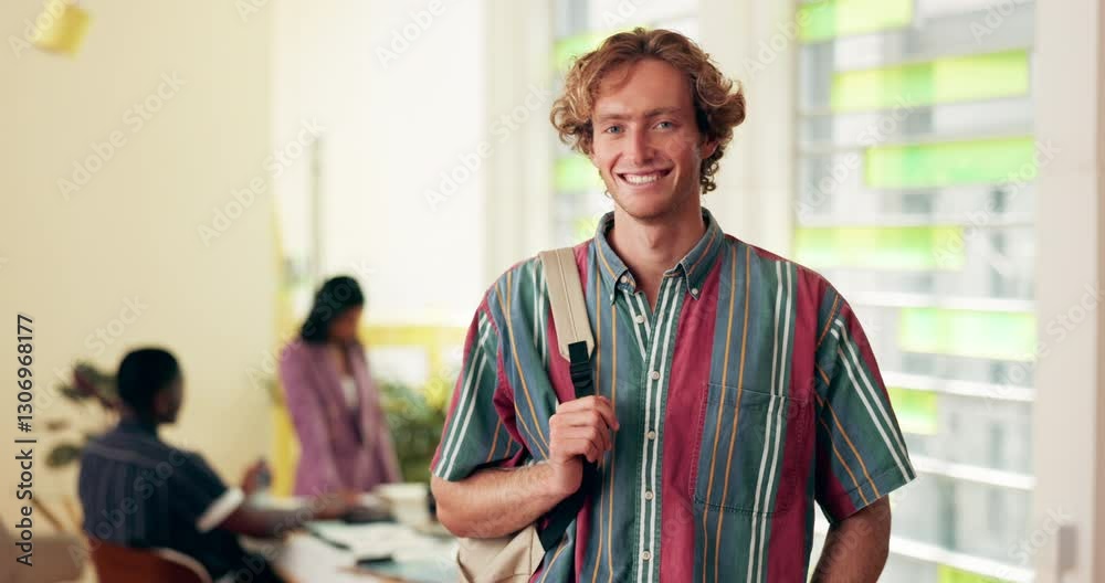 Poster man, happy and face of student with backpack in classroom at university with pride for scholarship. 