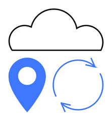 Cloud, blue location pin, circular arrows to represent synchronization, data sharing, access, and connection. Ideal for technology, navigation, communication cloud computing storage updates