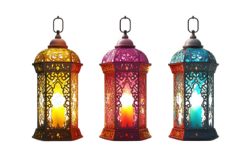three decorative lanterns in vibrant colors?yellow. pink. and blue?each with intricate cut-out designs and glowing candles inside these lanterns are often used for decorative purposes. especially duri