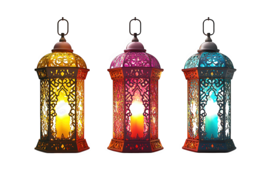 three decorative lanterns in vibrant colors?yellow. pink. and blue?each with intricate cut-out designs and glowing candles inside these lanterns are often used for decorative purposes. especially duri