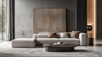 A minimalist luxury apartment with an open-concept living space, featuring a stylish sofa, modern coffee table, and a calm, uncluttered environment.