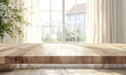 Wooden Tabletop with Bright Window View Backdrop for Product Showcase