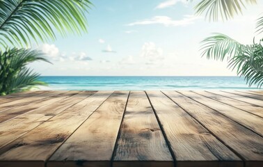 Relaxing Tropical Beach View with Wooden Tabletop and Palm Fronds