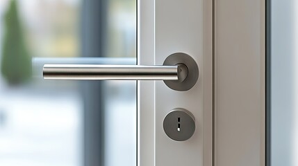 Naklejka premium A modern door handle in silver, installed on a light-colored door, capturing the minimalist aesthetic of contemporary design.