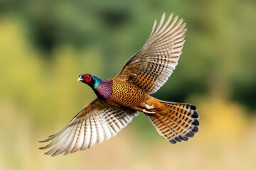 Obraz premium A slow-motion shot of a pheasant in mid-flight, its wings fully extended