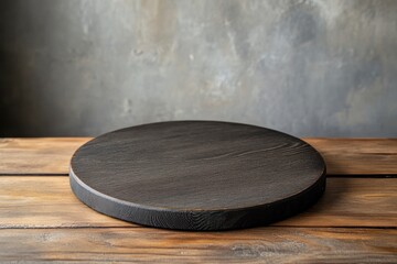 Dark Wooden Round Board on Rustic Tabletop with Textured Gray Background
