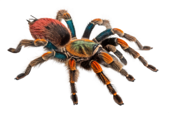 Colorful tarantula displayed on white surface