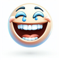 Laughing emoji with joyful expression on white background.