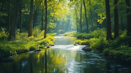 A serene forest scene featuring a gentle stream surrounded by vibrant green trees and sunlight filtering through the leaves.