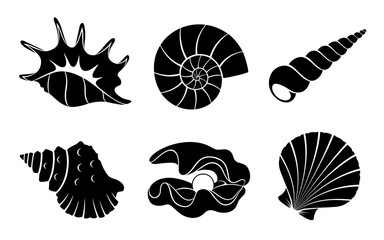 Sea shells set, black silhouette isolated on white. Bivalve and screw or spiral seashells Nautilus, Scallop, Tridacna, Spider conch. Vector stencil clipart for marine design, print, icon or logo.