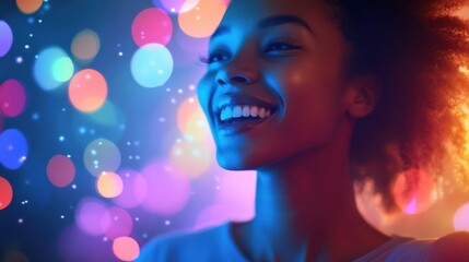 Young woman with perfect white teeth smiling broadly under colorful bokeh lights, enjoying nightlife and entertainment, expressing joy and happiness