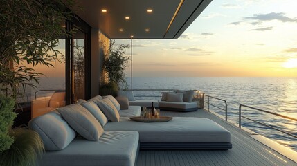A luxurious deck seating area on a yacht, adorned with cozy pillows and a breathtaking panoramic view of the sea