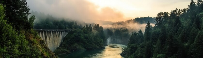 Serene Landscape with River and Bridge Surrounded by Lush Forests