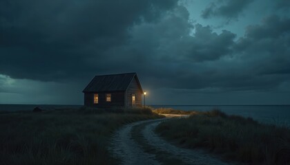 Dark house stands by sea under cloudy sky. Night scene features building, moody landscape with beach, storm approaching, eerie ambience, lonely retreat, bungalow under moonlight. Ideal for real